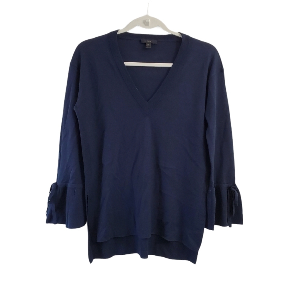 J. Crew Sweater XS Womens Navy Blue Merino Wool V-Neck Drawstring Sleeve G9845